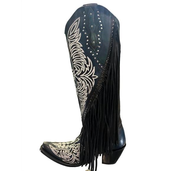 NEW CORRAL women's eagle embroidery studs fringes western boot in black - Picture 2 of 5